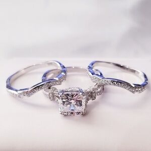 Real 925 Cushion Engagement Wedding Ring Set